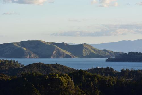 a view of a large body of water with mountains at Atea Lodge in Coromandel Town