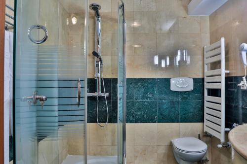 a bathroom with a shower with a toilet and a sink at Complex Silva in Bucharest