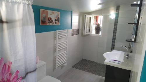 La salle de bains blanche est pourvue d'un lavabo et de toilettes. dans l'établissement La Guirosse, à Sainte-Eulalie-en-Born