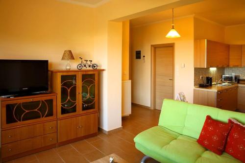 a living room with a green couch and a television at Comfy flat with Garden near the Beach in Theológos
