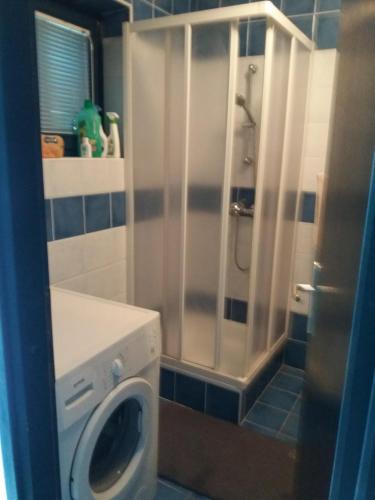 a bathroom with a shower and a washing machine at APARTMAN KOREN in Malinska