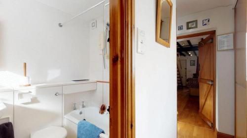 uma casa de banho com um lavatório e um WC num quarto em Garthfain Cottage em Dolwyddelan