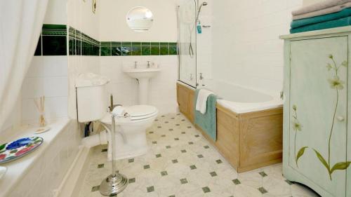 a bathroom with a toilet and a tub and a sink at Ty Doli Cottage, rural location just outside Conwy town in Llangelynin