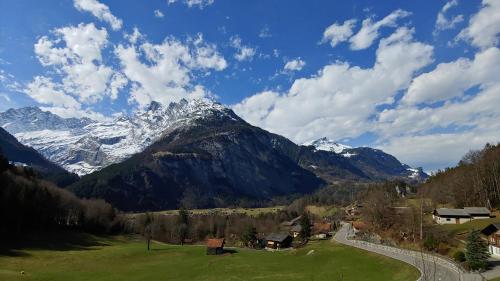 a view of a snow covered mountain with a green field at Ufem Egg Ferienwohnungen in Innertkirchen