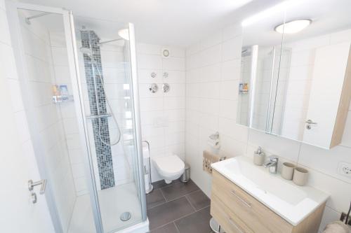 ein Bad mit einer Dusche, einem Waschbecken und einem WC in der Unterkunft Perfect Apartment near Opera in Bayreuth