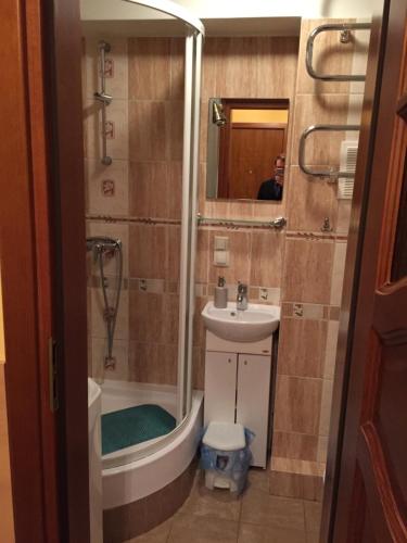 a bathroom with a sink and a shower and a toilet at Podjazd in Sopot