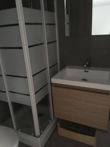 ein Bad mit einem Waschbecken und einem Spiegel in der Unterkunft Esprit d'Ailleurs in Baillargues