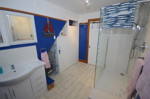 uma casa de banho com um chuveiro e um lavatório. em Driftwood Cottage em Banff