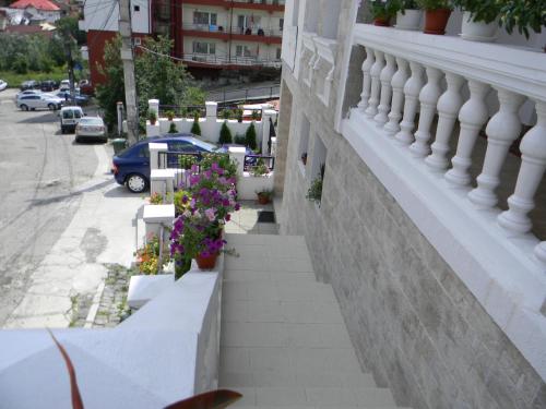 a stairway with flowers on the side of a building at Pensiunea Eden in Băile Olăneşti