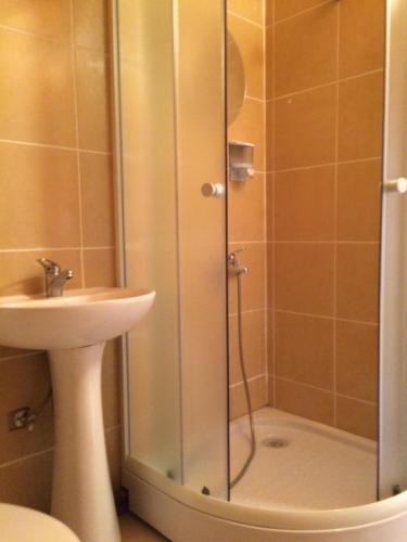 a shower with a glass door next to a sink at Boskovica Brvnare in Žabljak