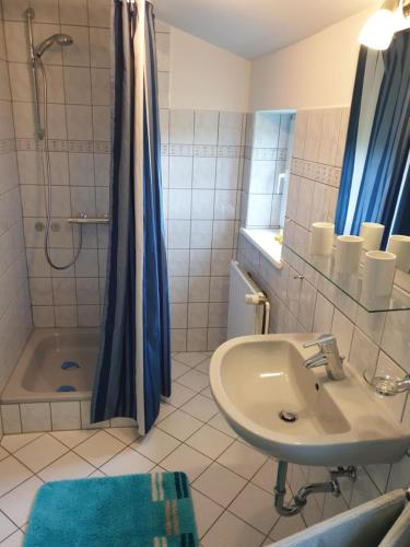 a bathroom with a sink and a shower and a tub at Schoppstuv in Tümlauer Koog