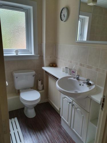 a bathroom with a toilet and a sink and a mirror at Oldwood Home from Home in Livingston