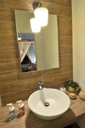 a bathroom with a white sink and a mirror at Locanda della Lavanda in San Clemente
