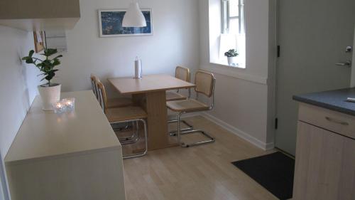 a kitchen with a table and chairs in a room at Birkende Bed and Breakfast in Langeskov