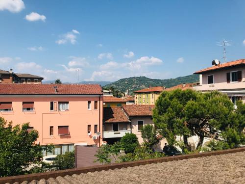 a group of buildings with trees and mountains in the background at Mansardine Metropolitane in Brescia