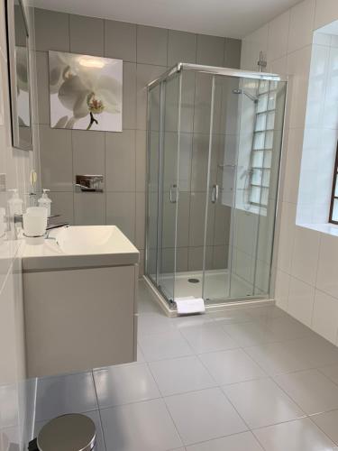 a bathroom with a shower and a sink at Willa Kormoran in Augustów