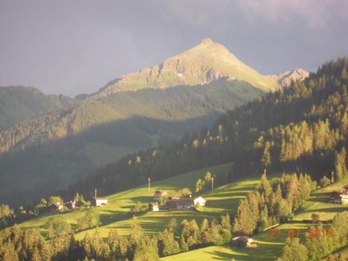 een uitzicht op een berg met een dorp en bomen bij Jägerhof in Alpbach