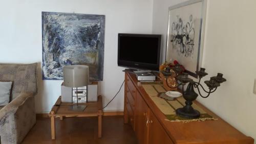 un salon avec une télévision sur une table en bois dans l'établissement La villetta bianca, à Corsanico-Bargecchia