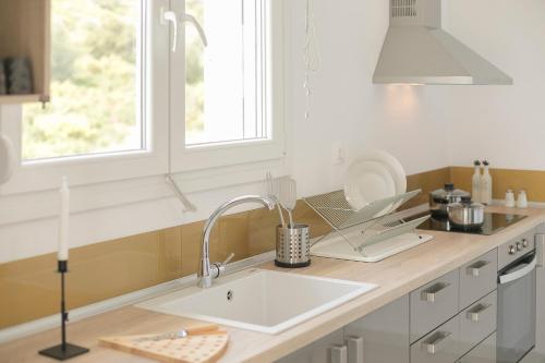a kitchen counter with a sink and a window at PORTO AZZURO SITHONIA GREECE in Neos Marmaras