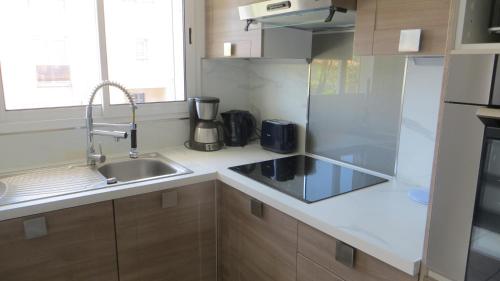 une cuisine avec un évier et un plan de travail dans l'établissement RESIDENCE LE NEULOS, T2 40m2 AVEC GARAGE PRIVE, 150 m de la mer, Avenue Roussillon Canet-Plage, à Canet