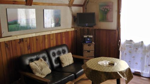 ein Wohnzimmer mit einem schwarzen Ledersofa und einem Tisch in der Unterkunft Chata Eva in Chrastava