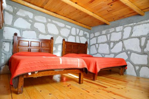 two beds in a room with a stone wall at Cabañas las Gemelas in Areponapuchi