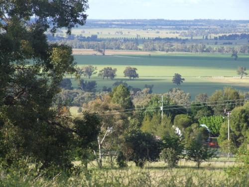 a view of a field with trees and water at Bulwarra Bed & Breakfast in Dubbo