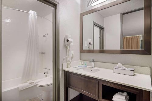 a bathroom with a sink and a toilet and a mirror at Quality Inn & Suites in Cartersville