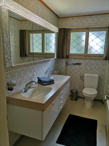 a bathroom with a sink and a toilet and a mirror at Chalet Sonnenblick in Brienz