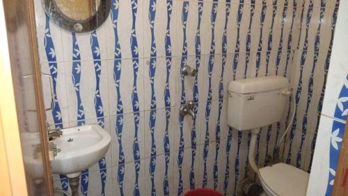 a blue and white bathroom with a toilet and a sink at Narendra niketan in Kolkata