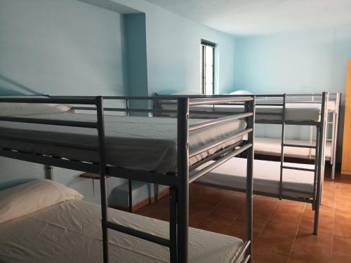 two bunk beds in a room with a window at Albergue O Pombal in Sarria