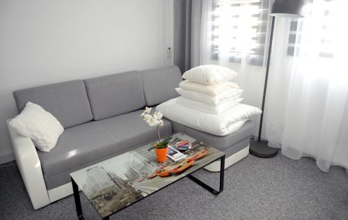 a living room with a couch and a coffee table at Work & Sleep in Piaseczno