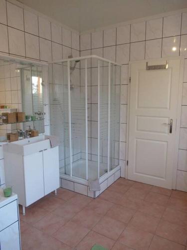 a bathroom with a shower with a sink and a door at Tolle Lage Hannover Braunschweig Wolfsburg in Leiferde