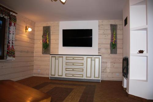 a living room with a television on a wall at Leśny Dworek 1 in Wołkowyja