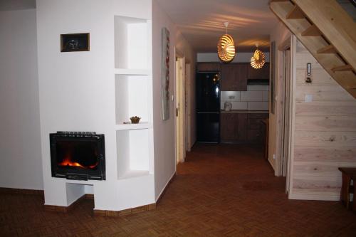 a hallway with a fireplace in a house at Leśny Dworek 1 in Wołkowyja