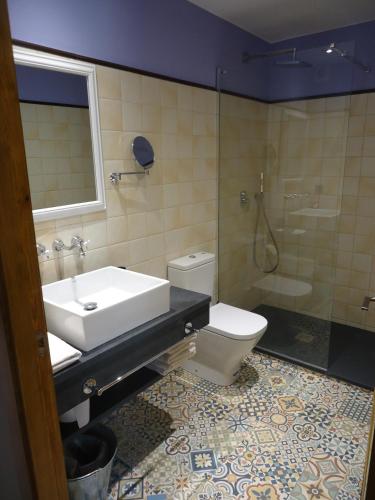 a bathroom with a sink and a toilet and a shower at Apartament casa Rural Cal Xico d'Adrall -La Seu d'Urgell-Andorra in Adrall
