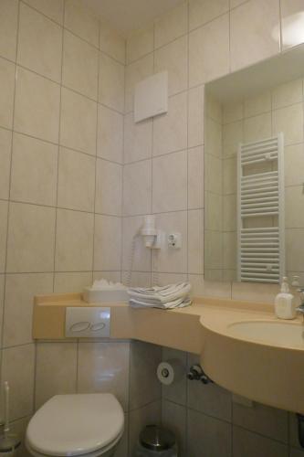 a bathroom with a toilet and a sink and a mirror at Hotel Villa Tummelchen in Cochem