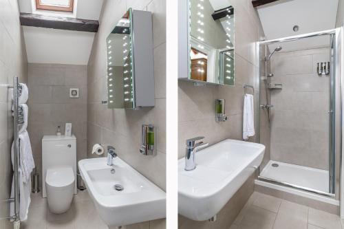 two pictures of a bathroom with a sink and a toilet at stilworth house in Helmsley