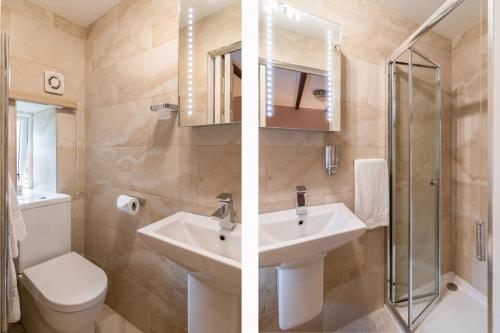 two pictures of a bathroom with a sink and a toilet at Stilworth House in Helmsley