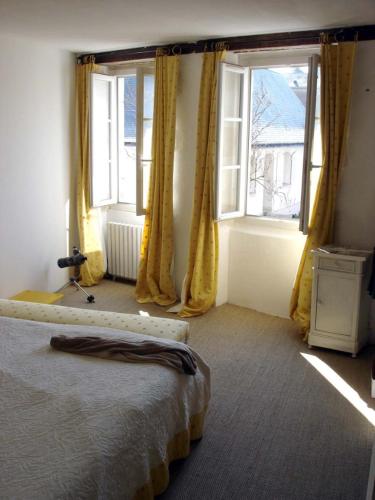 une chambre avec un lit et deux fenêtres dans l'établissement Chambre chez l'habitant au centre ville, à La Flèche