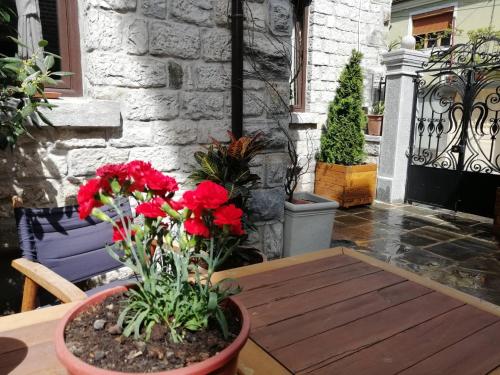 una mesa de madera con flores rojas en el patio en Vila Trebicka, en Korçë