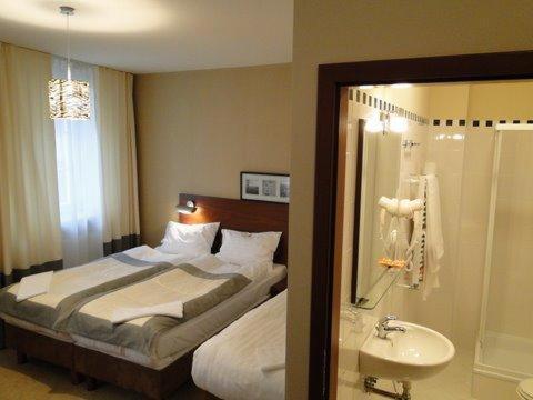 a bedroom with a bed and a sink and a mirror at Hotel Atrium in Elblag
