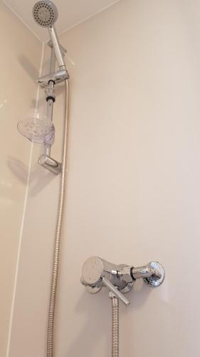 a shower with a shower head on a wall at Urban Log Cabin near zone 2 tube in London