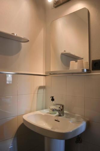 a bathroom with a sink and a mirror at Pension Reconquista in Cangas de Onís