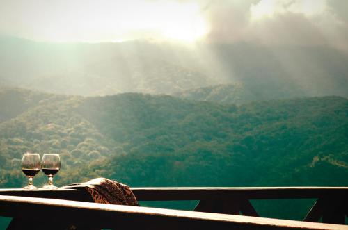 two glasses of wine sitting on a table overlooking a mountain at Pousada Portal Dos Ventos in Visconde De Maua