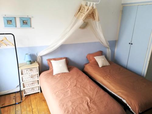 1 dormitorio con 2 camas y vestidor en Le Cosy Elne, en Elne