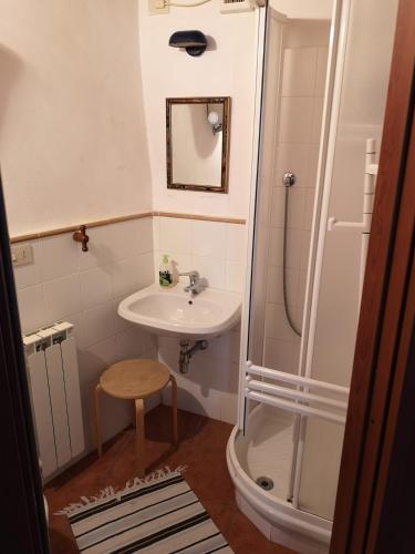 a small bathroom with a sink and a shower at Antico Borgo di Torri in Sovicille