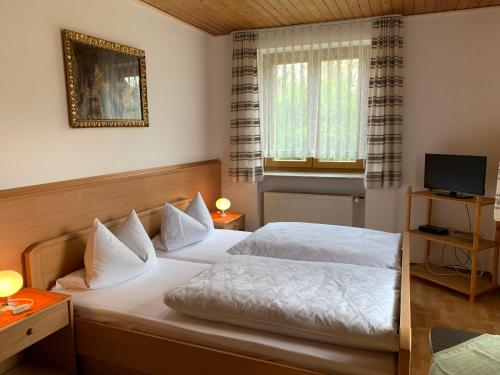 a hotel room with two beds and a television at Hohe Tanne in Aurbach