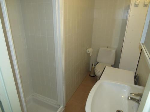 La salle de bains est pourvue d'une douche, de toilettes et d'un lavabo. dans l'établissement Mediterráneo, à Roses