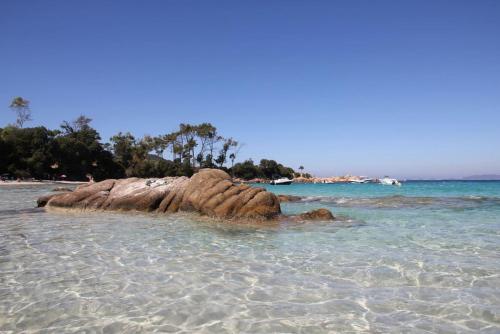 a rock in the water on a beach at Sole Rossu in Albitreccia